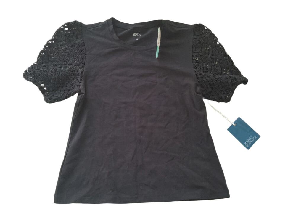 Market & Spruce Mixed Media Crochet Sleeve Tee Womens L Black Cotton Top NWT